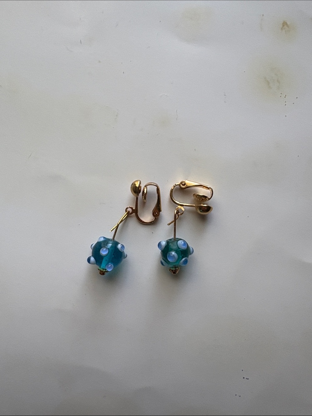Gold-Tone Clip-On Earrings with Blue Polka-Dot Glass Beads